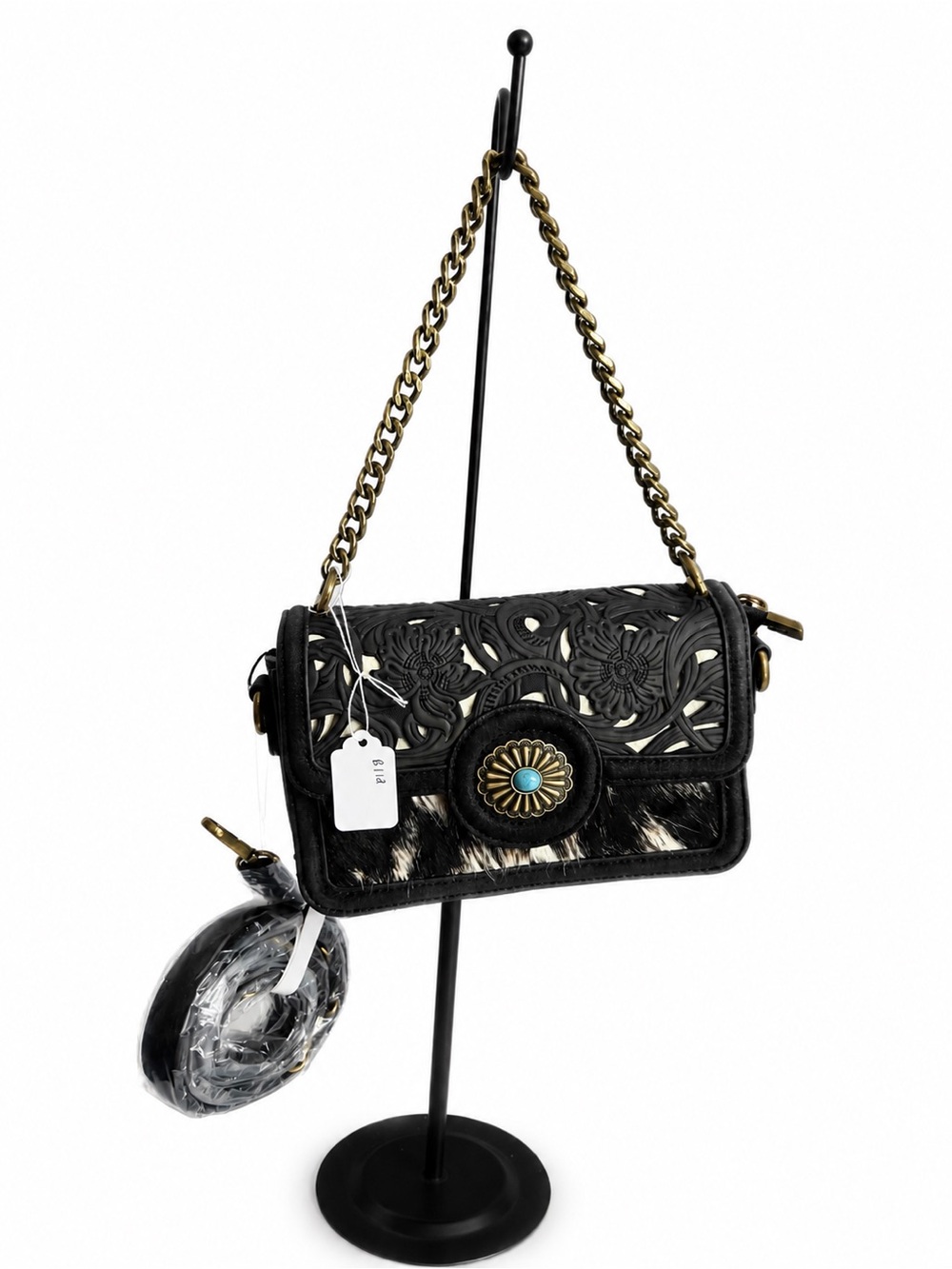 Black Floral Cutout Crossbody Bag with Turquoise-Accent Medallion